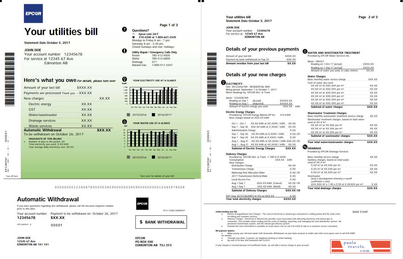 Canada Epcor electricity utility bill template in Word and PDF format, 3 pages 1 2